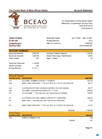 Download Burkina Faso The Central Bank of West African States bank statement excel Photoshop template